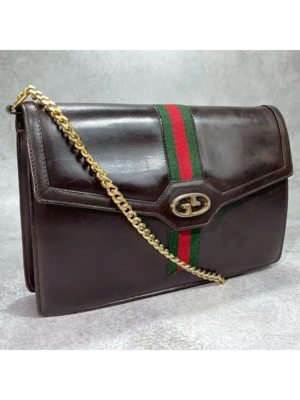 Gucci GG Sherry Line Shoulder Bag Leather Brown